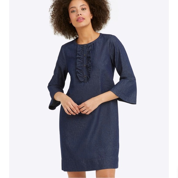 Draper James Dresses & Skirts - Draper James Chambray Ruffle Bell Sleeve Denim Shift Dress Size 12
